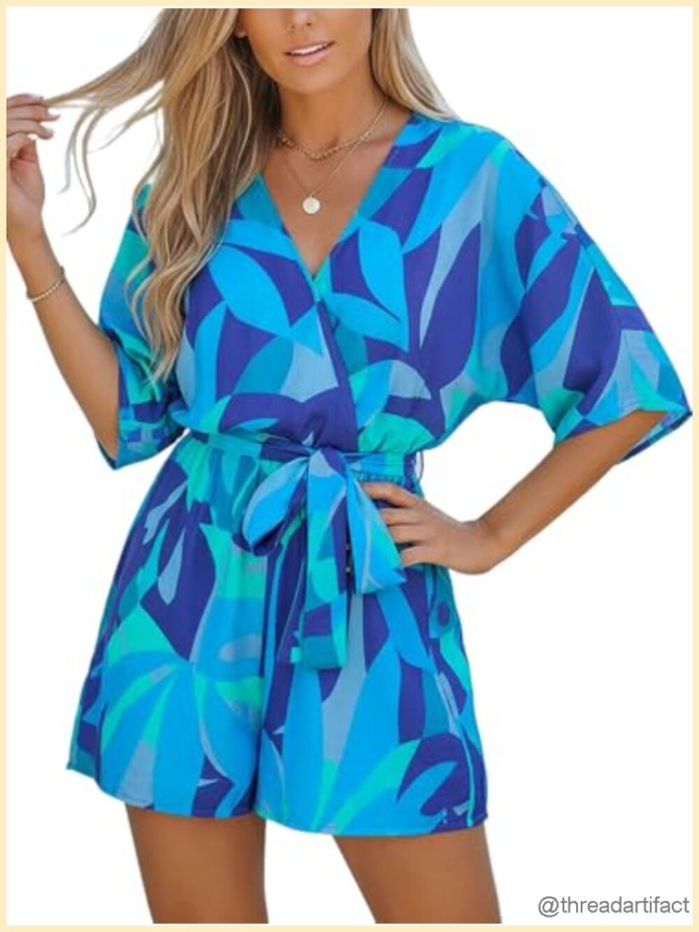 V Neck Half Sleeve Mini Romper Jumpsuit with Belted Waist Tropical Print